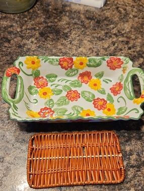 Like New Cond. Temp-tations Hand-Painted Floral Ceramic Serving Tray